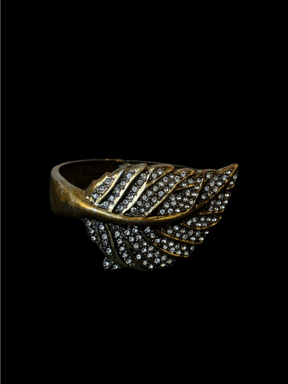 Vintage Pave Rhinestone Leaf Clamper Cuff Bracelet